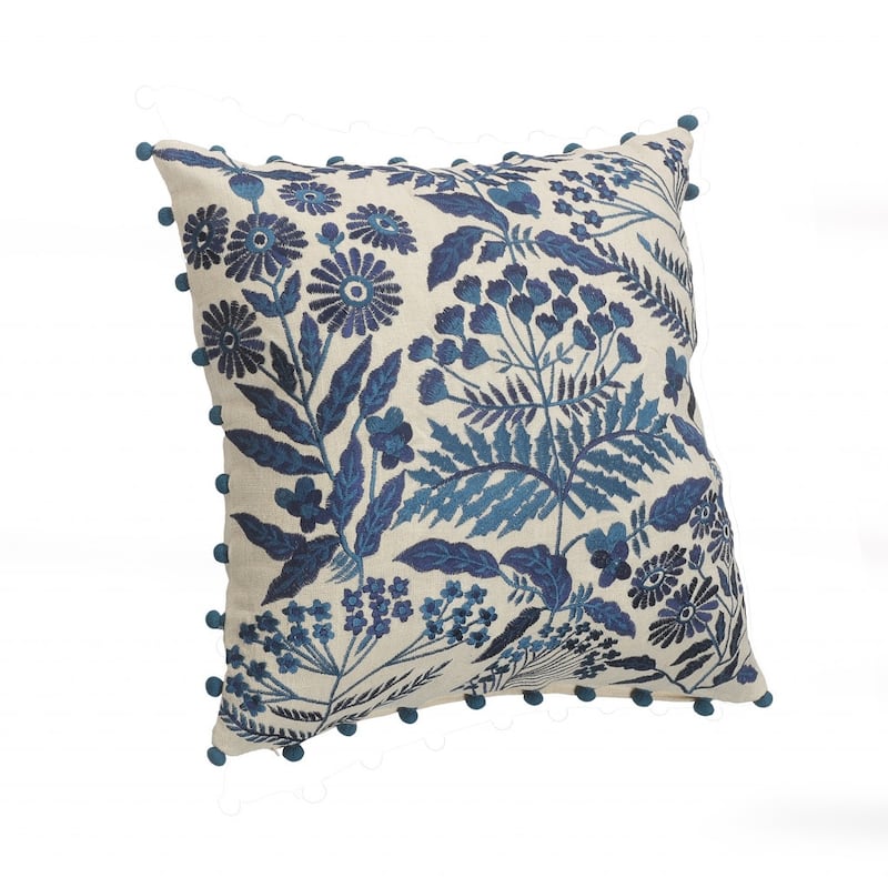 HomeRoots 20" X 20" Navy And Off-White 100% Cotton Floral Zippered Pillow
