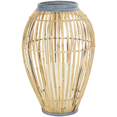 Bamboo Wood Handmade Open Frame Decorative Vase with Blue Metal Accents - Brown - Roche River Decor