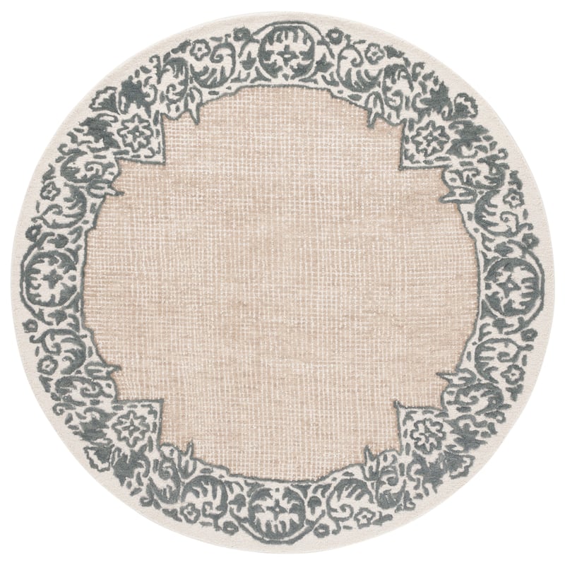 SAFAVIEH Handmade Ebony Snaedis Floral Wool Rug - 6' Round - Ivory/Grey