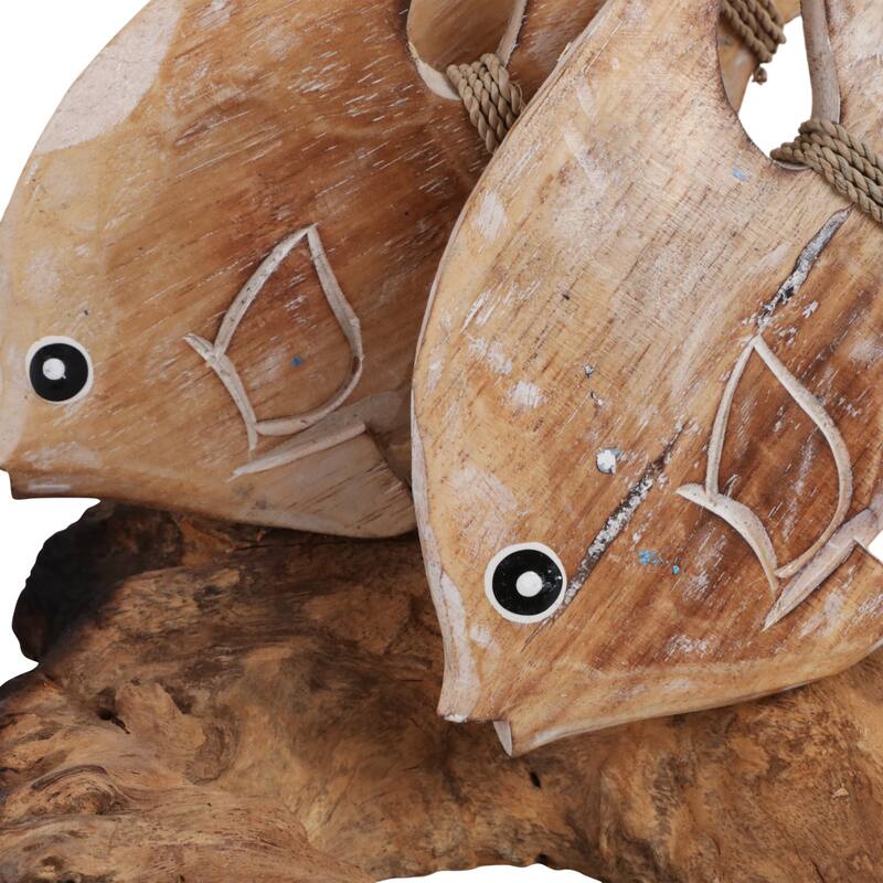 Wood Hand-Carved Fish Figurine Coastal Finish (Set of 2) - 9" Brown - 14" x 7.5" x 8.75"
