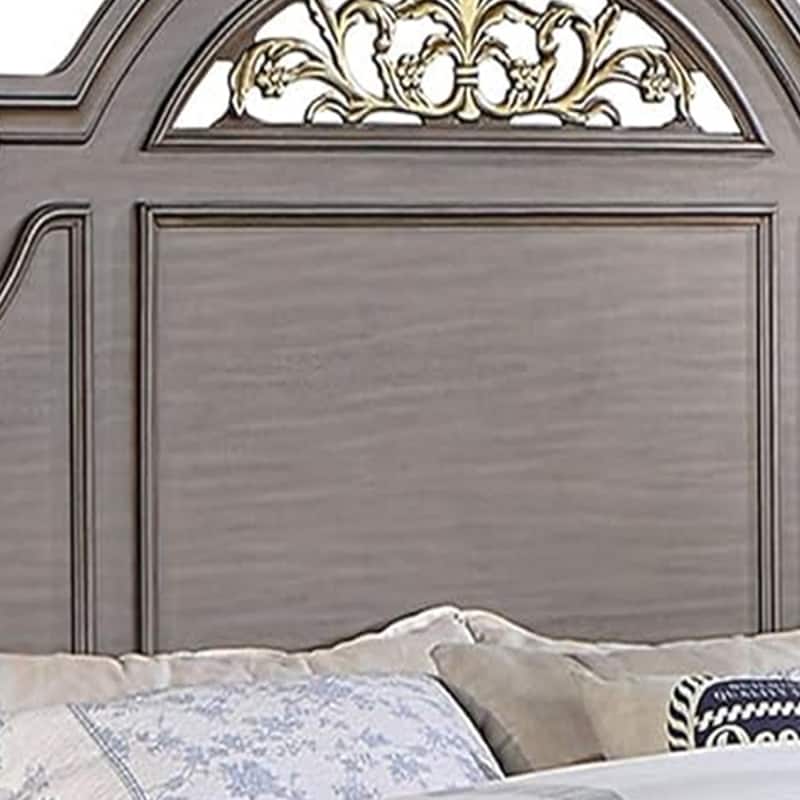 Recus Queen Bed, Carved Floral Details, Arched Headboard, Gray Wood