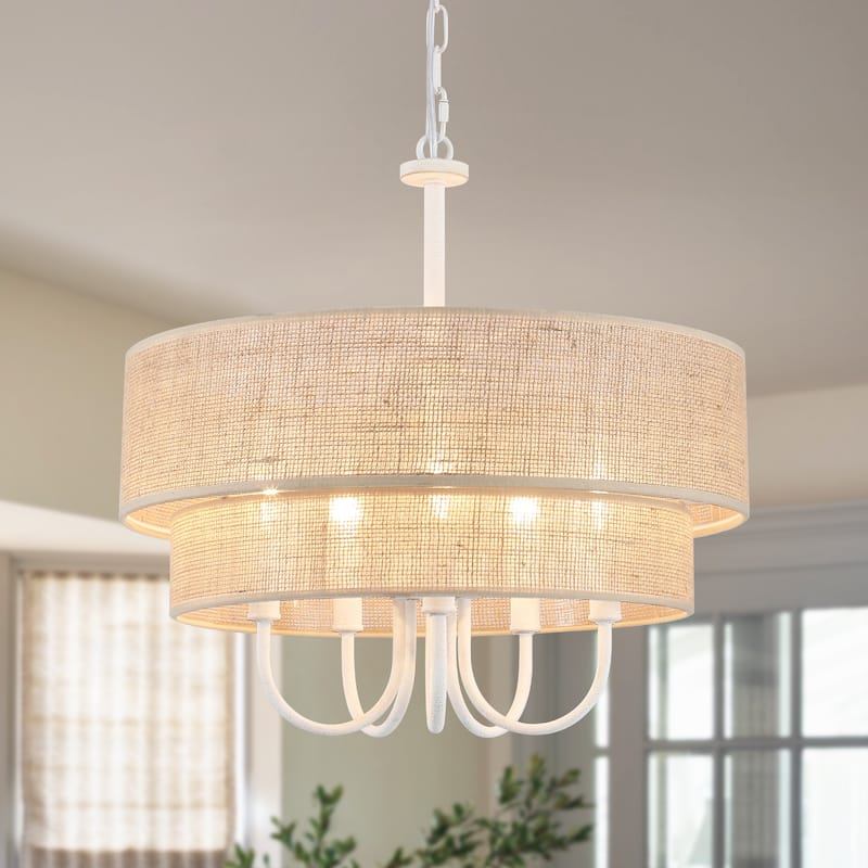 18.1-in 5-Light Farmhouse Rattan Pendant Light with 2-Tier Hand-Woven Drum Shade for multiple rooms - Off-White