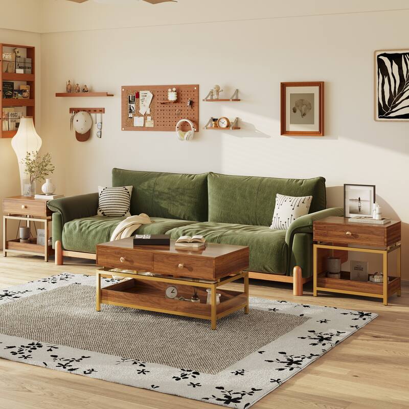 End Table with Drawer and Open Shelf, 2 Tiers Sofa Side Table, with Gold Metal Frame for Living Room