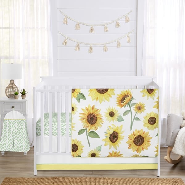 slide 2 of 6, Sweet Jojo Designs Yellow Green and White Boho Floral Sunflower Girl 4-pc Nursery Crib Bedding Set - Farmhouse Watercolor Flower