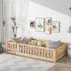 Twin/Full/Queen size Floor Platform Bed with Fence and Door for Kids, Toddlers