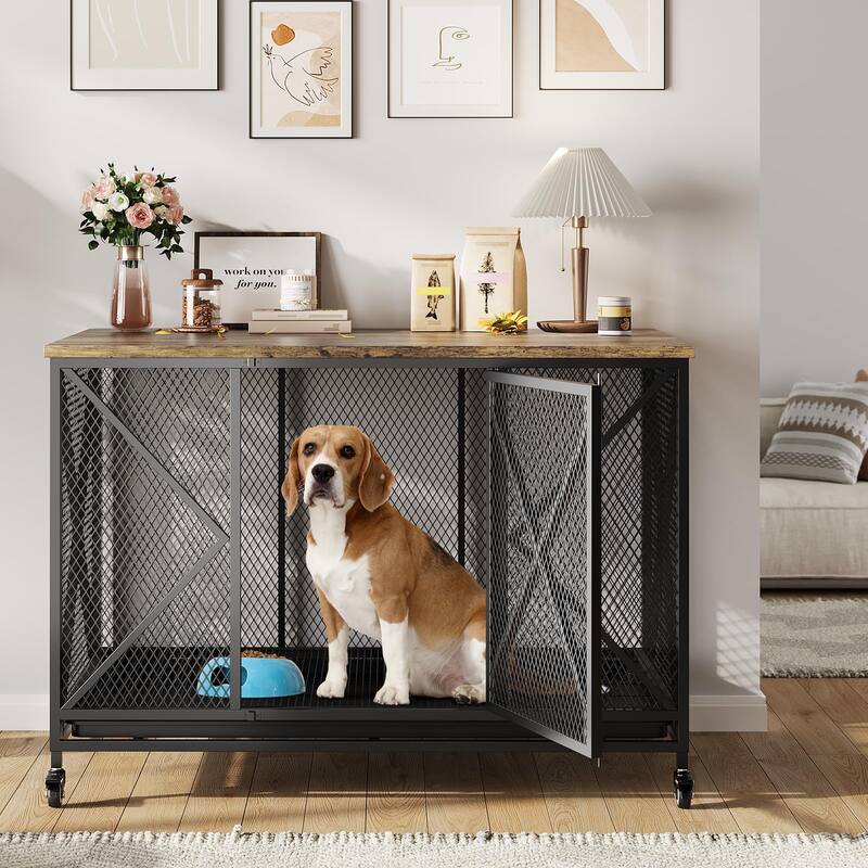Dog Crate Furniture, Rolling 48 Inch Indoor Dog Crate with Potty Tray