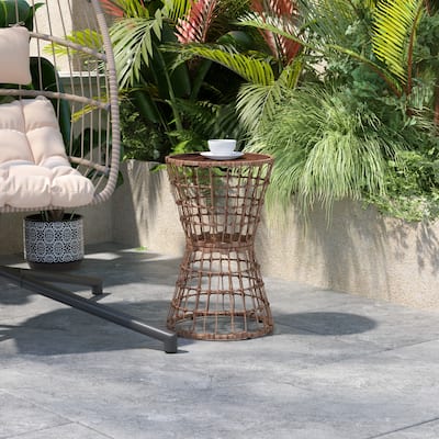Indoor/Outdoor Boho Rattan Rope Table with Acacia Wood Top - 15.75"W x 15.75"D x 25"H