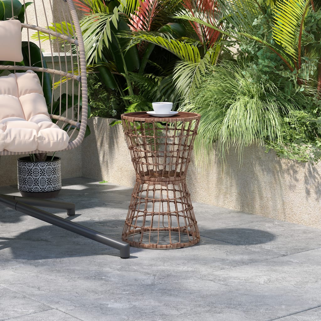 Indoor/Outdoor Boho Rattan Rope Table with Acacia Wood Top - 15.75"W x 15.75"D x 25"H