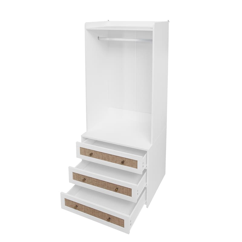 Roomfitters Wardrobe with 3 Drawers, Tall Armoire with Rattan Front, Bedroom Closet Storage Organizer, White