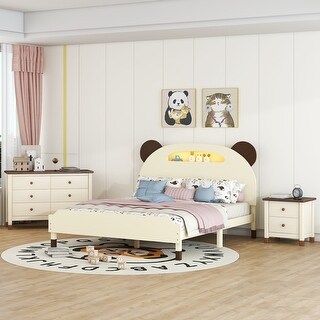 3-Pieces Bedroom Sets Kids Platform Bed with Nightstand & Storage Dresser, Kids Bed with Motion Activated Night Lights, Cream