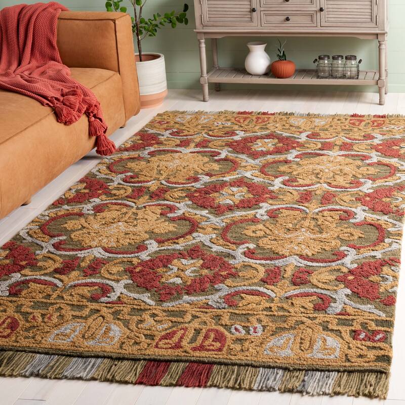 SAFAVIEH Handmade Blossom Parthenia Floral Wool Rug - 6' Square - Green/Gold - Square