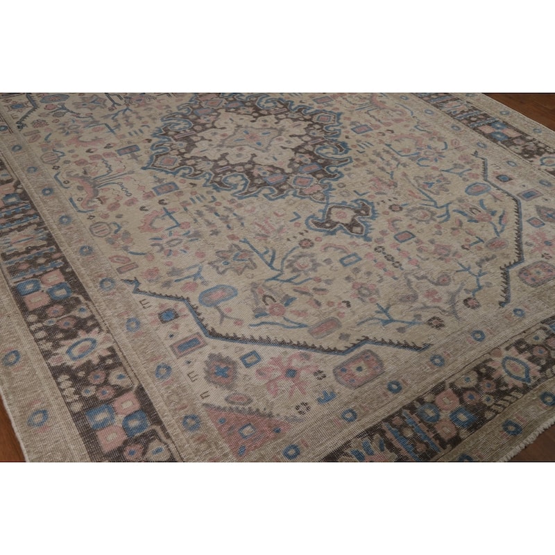 Geometric Beige Tabriz Persian Rug Hand-Knotted Wool Carpet - 8'1"x 10'8"