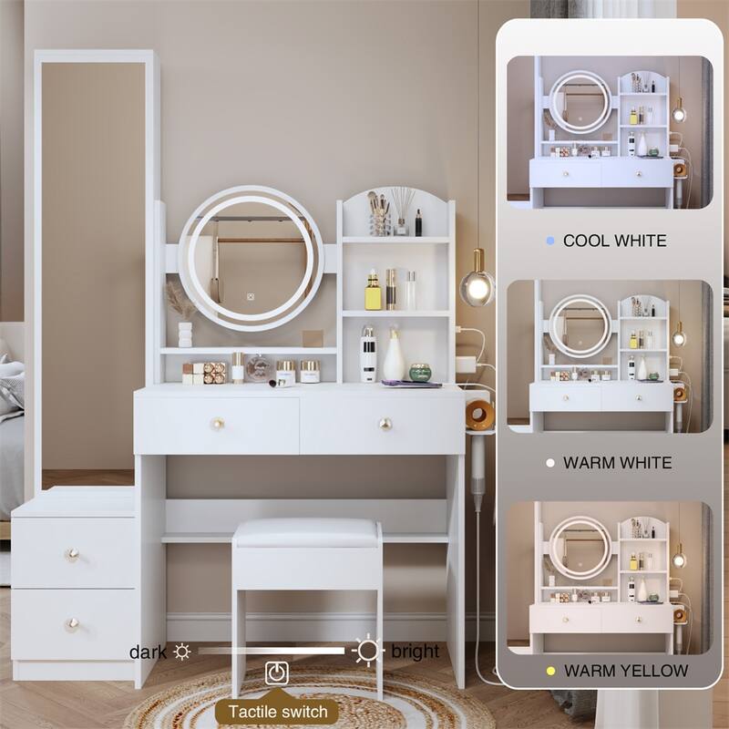 Full Mirror Cabinet + Round Mirror LED Vanity Table + Cushioned Stool