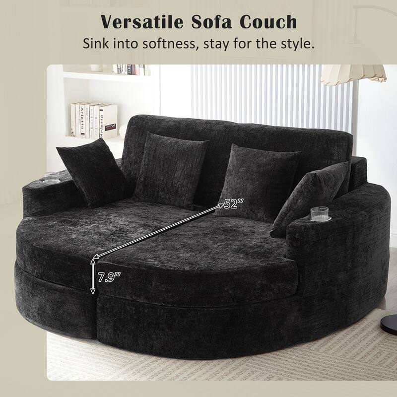 Curved Chaise Lounge Sofa for Living Room, Upholstered Sleeper Sofa Bed Boneless Couch with Cup Holders - Black