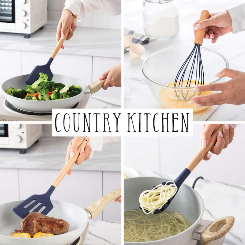 Country Kitchen Non Stick Silicone Utensil Set with Rounded Wood Handles for Cooking and Baking, 38 Piece Set