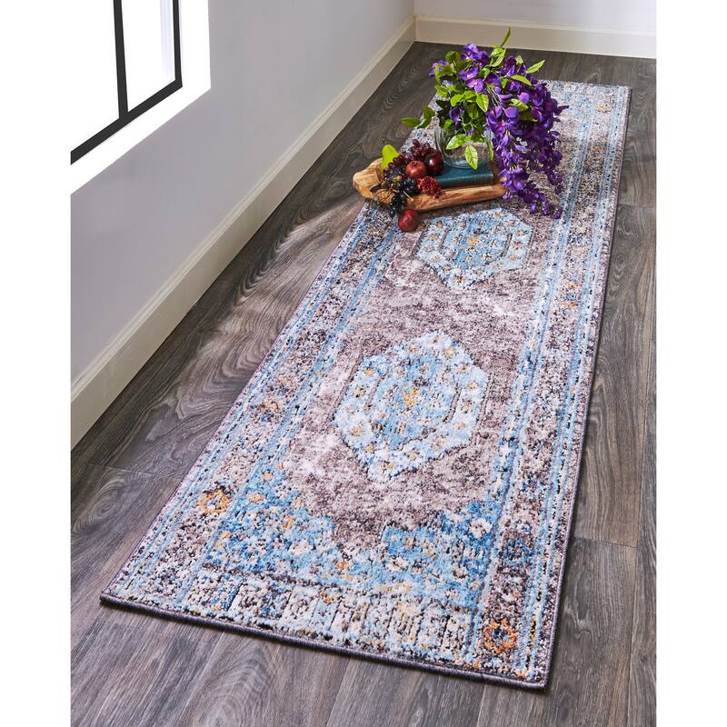 Matana Medallion Space Dyed Rug, Azure Blue/Light Gray, Accent Rug