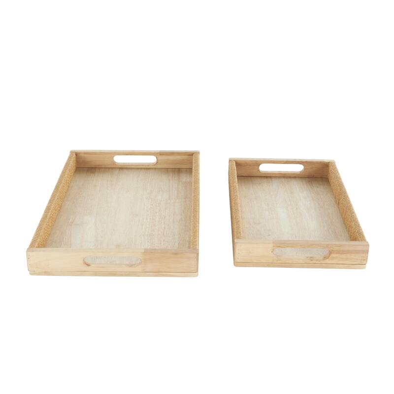 Wood Handmade Living Room Decor Tray with Wrapped Rope Edges and Slit Handles - Set of 2 Light Brown - Roche River Decor
