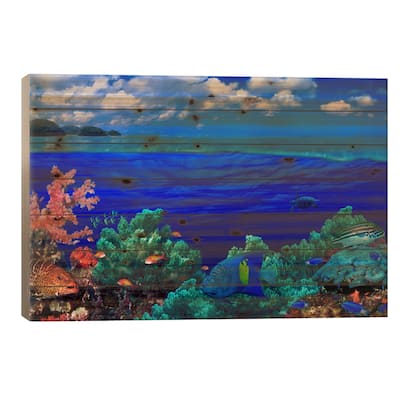 Cloudy Seascape With An Underwater View Of A Reef Marine Ecosystem Print On Wood by Panoramic Images - Multi-Color