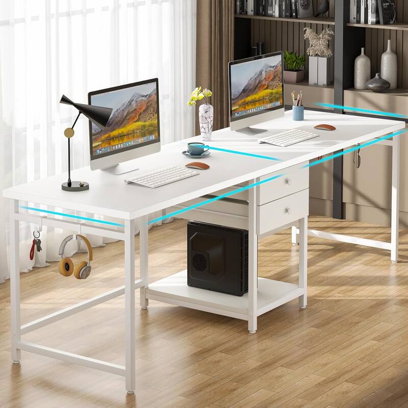 79-Inch Two Person Computer Desk with Drawers and Storage Shelves, White