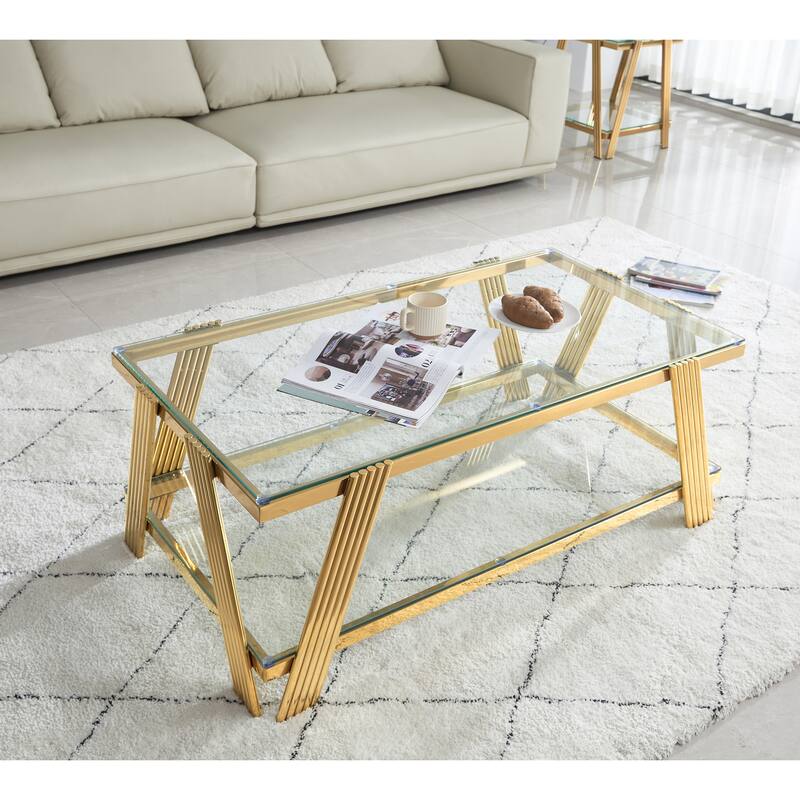 Modern Stainless Steel Coffee Table 2 Tier Tempered Glass Coffee Table with Storage Space, for Living Room, Silver - Gold