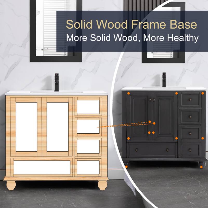 Retro Bathroom Vanity Cabinet Solid Wood Classic with Ceramic Sink