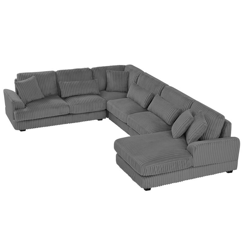 U-Shaped Sectional Sofa with Chaise Lounge, Oversized Corduroy Upholstered Sofa, 5 Seater Sofa with Removable Throw Pillows