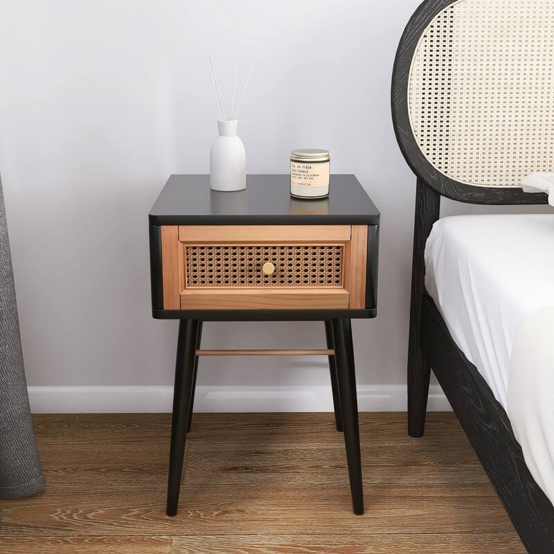 COZAYH Woven Cane Front Accent Nightstand with Brass Knobs, Accent Dresser