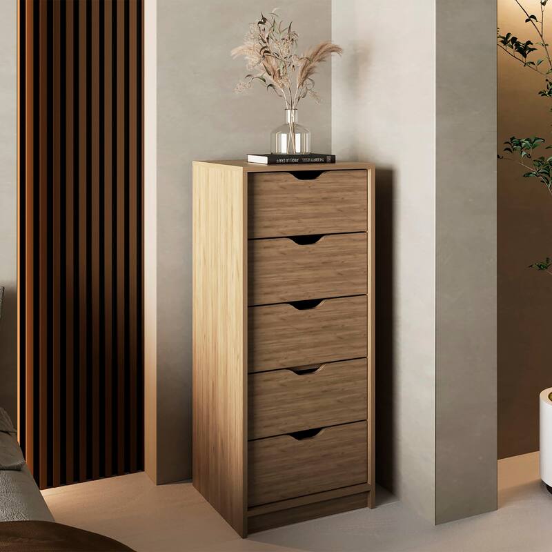 Tall Narrow Dresser,Pull Out System,Five Drawers,Natural Oak - Beige