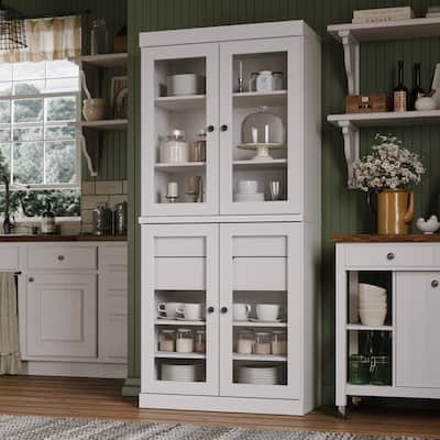 100% Solid Wood Kitchen Pantry Cabinet with Solid Wood, Clear or Frosted Glass Doors and 2-Drawer Organizer by Palace Imports