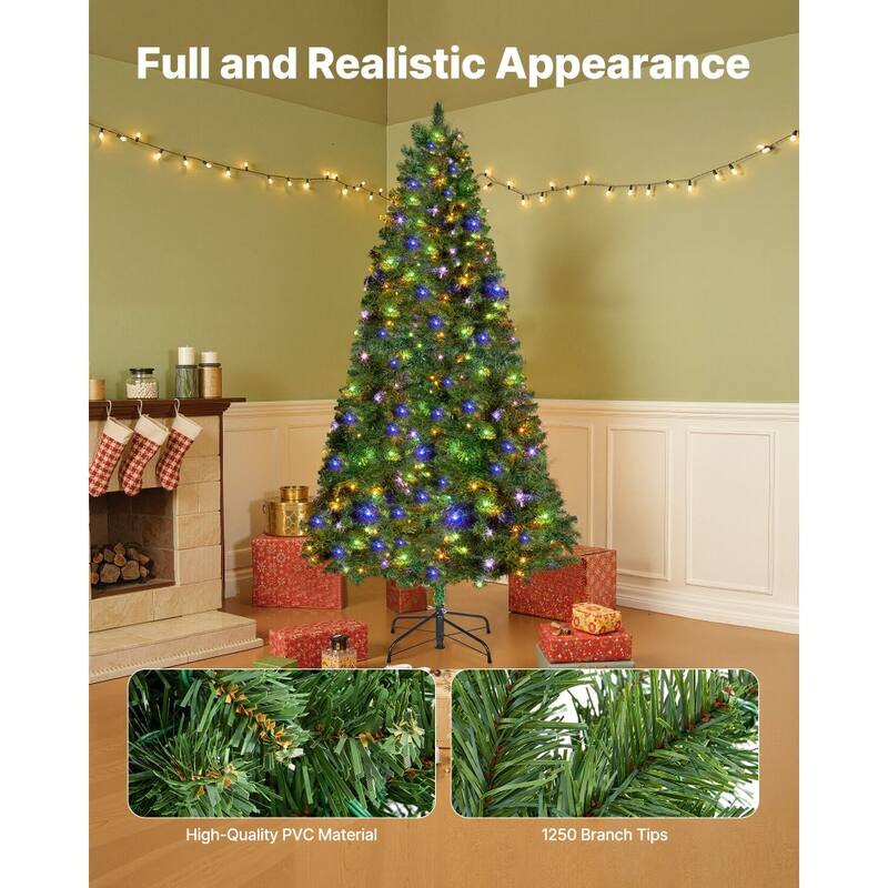 Green PVC and Iron 6x3.74 ft Pre-Lit Christmas Tree with 330 LED Lights and 11 Modes - 3.74 x 6 ft