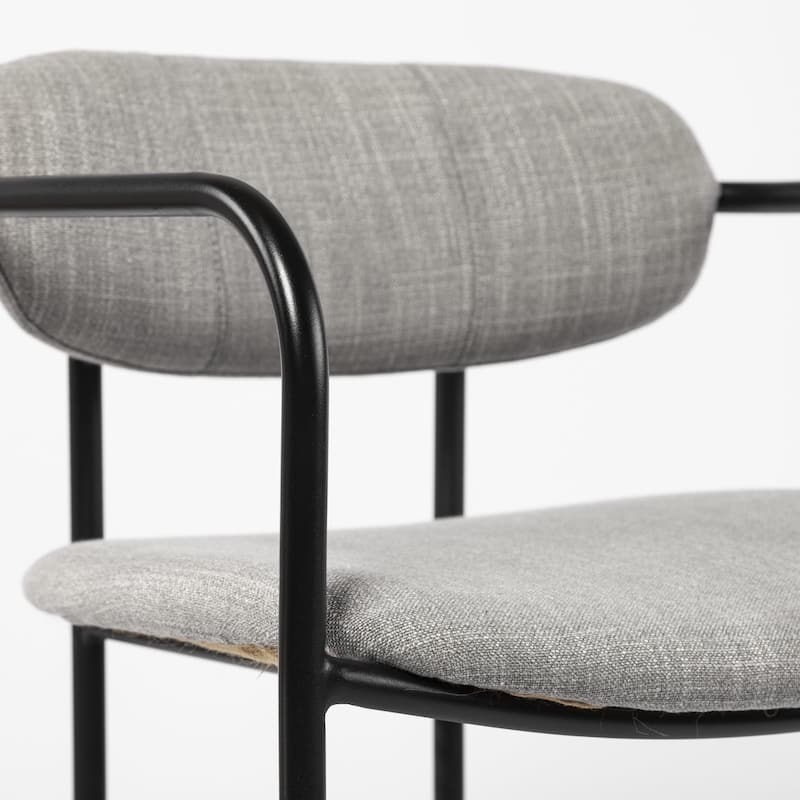 Light Grey Upholstered Counter Height Bar Chair with Black Metal Frame and Armrests - 21.26” L x 20.87” W x 35.83” H