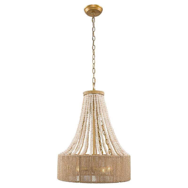 4-Light Golden Farmhouse Wood Bead Chandelier