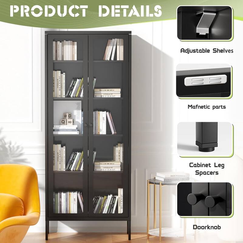 67" Display Curio Glass Metal Storage Cabinet Bookshelves with Glass Doors and 4 Adjustable Shelves