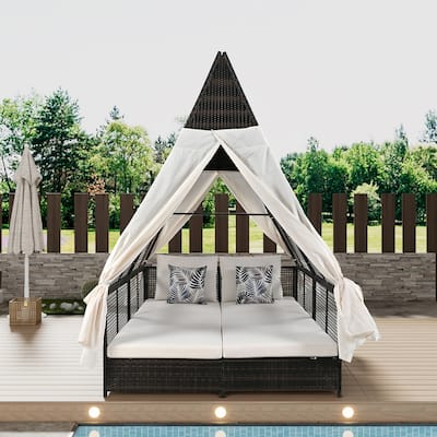 Patio Lounge Bed with Adjustable Backrest with Curtains, 4 Pillows