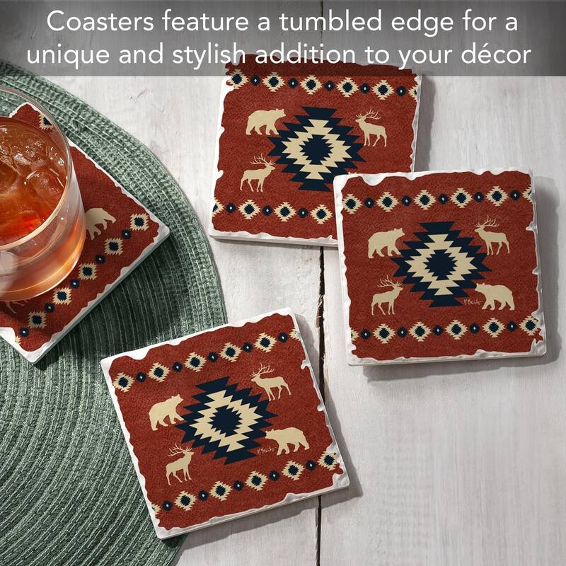 Aztec Lodge IV 4-Pack Absorbent Stone Coasters with Protective Cork Backing 4" Square Made in The USA Easily Wipes Clean