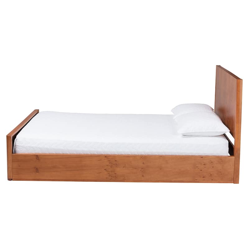 Fuentes Real Burl Wood Bed Frame - Modern Low-Profile Platform Bed with Accent Footboard, Mid-Century Inspired Furniture, Queen