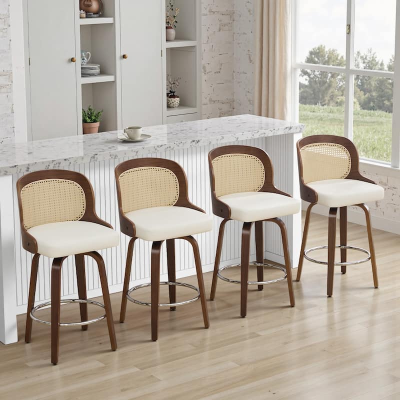 26" Upholstered Swivel Counter & Bar Stool with Rattan Back - 37.4"H x 19.09"W x 19.88"D