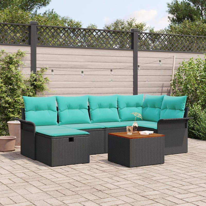 vidaXL 7 Garden Sofa Set with Cushions Black/Grey Poly Rattan - 95.5 x 52.2 x 27.2 - Black