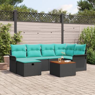 vidaXL 7 Piece Garden Sofa Set with Cushions Black Poly Rattan - 95.5×52.2×27.2