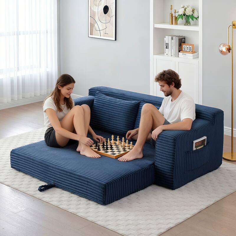 Floor Sofa Couch Blue Convertible Sofa Bed with Storage Pockets, Boneless Pull-Out Sofa Bed for Living Room