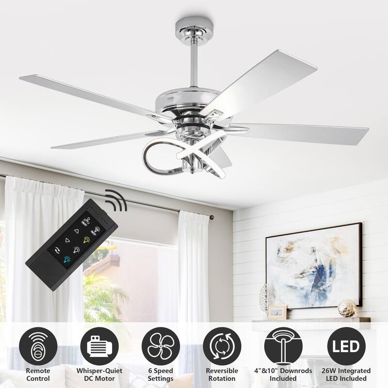 52" Chrome Modern Plywood 5-Blade Ceiling Fan with LED Light and Remote - 52 in. D x 52 in. W x 15.25 in. H