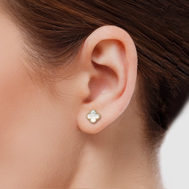 Curata Solid 14K Yellow Gold 10mm White Pearl, Black Onyx or Green Jade Clover Stud Earrings