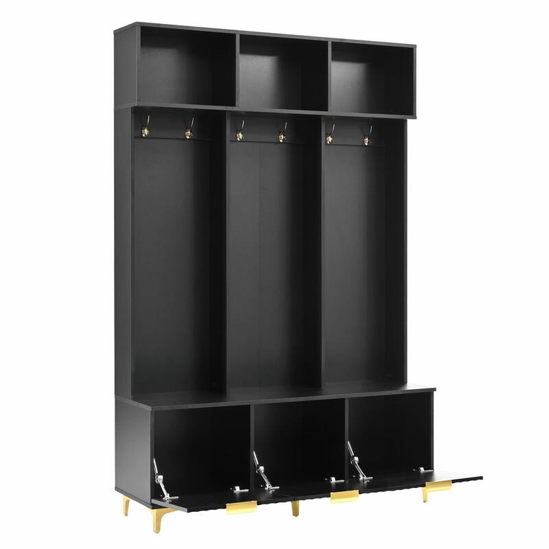 Modern Storage Hall Tree with Bench - Glossy Doors, 6 Gold Hooks