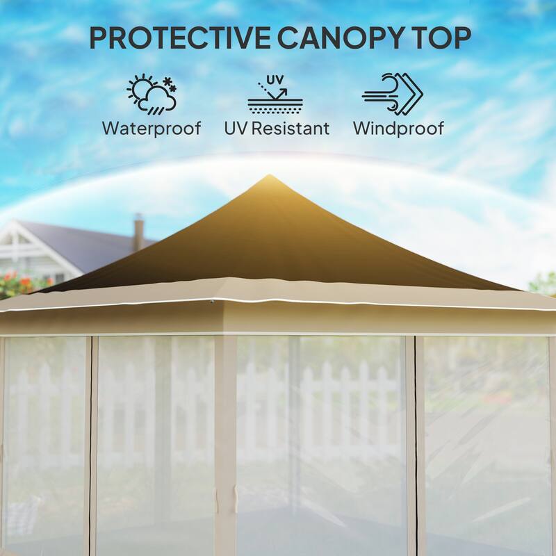 Large Brown Outdoor Adjustable Height Pop-Up Canopy Tent with Mesh Walls and UV Protection - 140.6" L x 140.6" W x 122" H