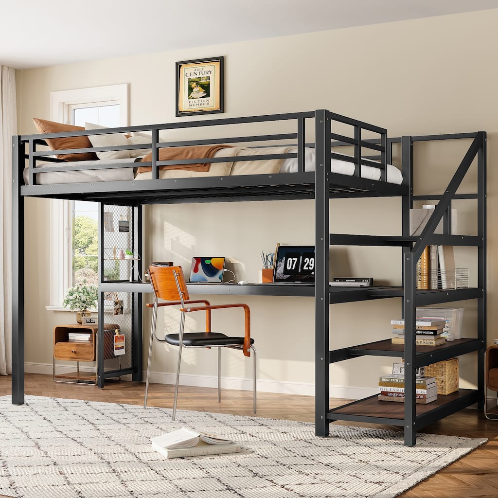 Roomfitters Twin XL Loft Bed with Desk and Storage Stairs, Metal High Sleeper with LED and USB Ports, Black