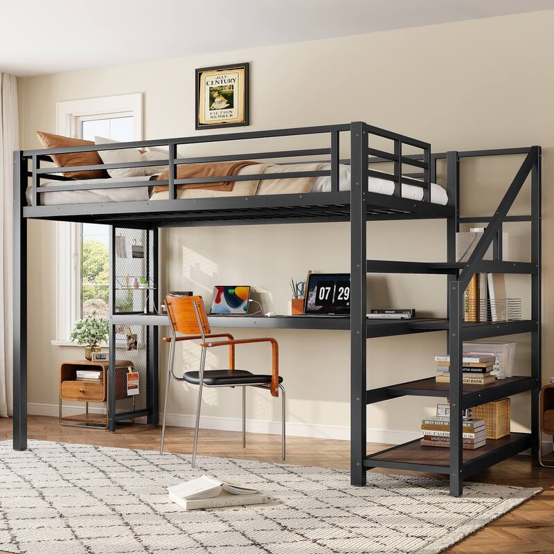 Twin XL Loft Bed with Desk, Storage Stairs & LED Lights - Metal Frame, USB Ports, Noise-Free