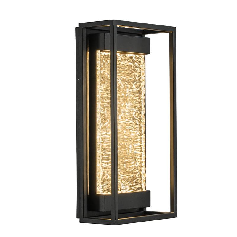 H15" Modern Outdoor Integrated LED Wall Light with Dusk to Dawn Sensor Matte Black Light Fixture with Handcrafted Textured Glass