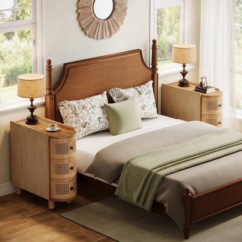 3-Drawer Solid Wood End Side Table Rattan Nightstand Bedside Table