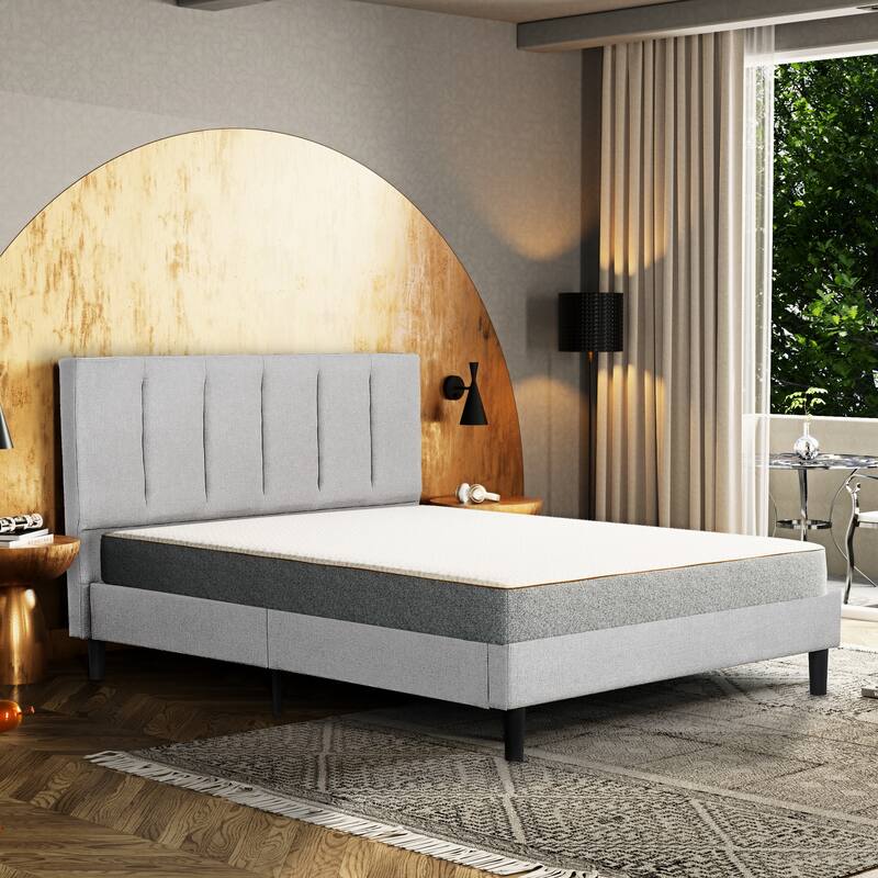 Gray Upholstered Full Size Platform Bed with Tufted Headboard