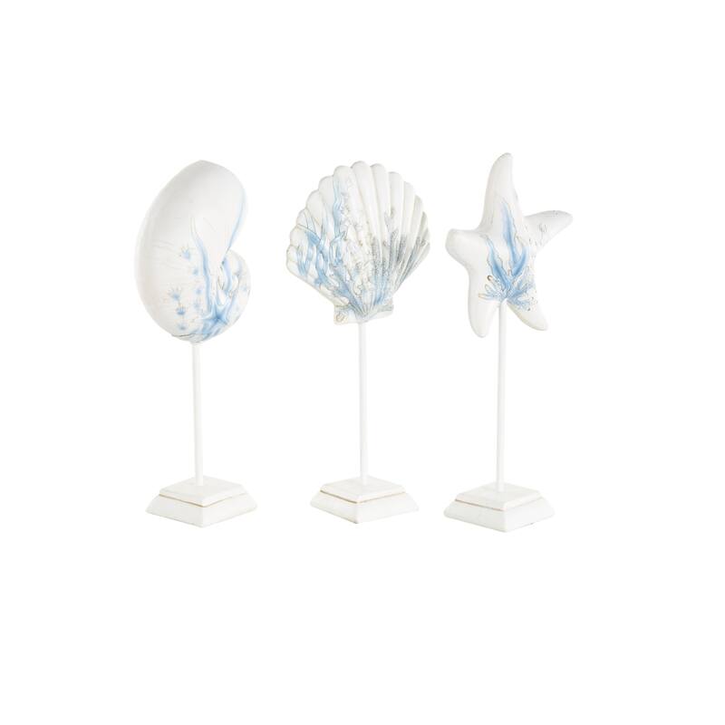 White Polystone Shell and Starfish Sea Life Decorative Sculpture with Blue Coral Patterns (Set of 3)